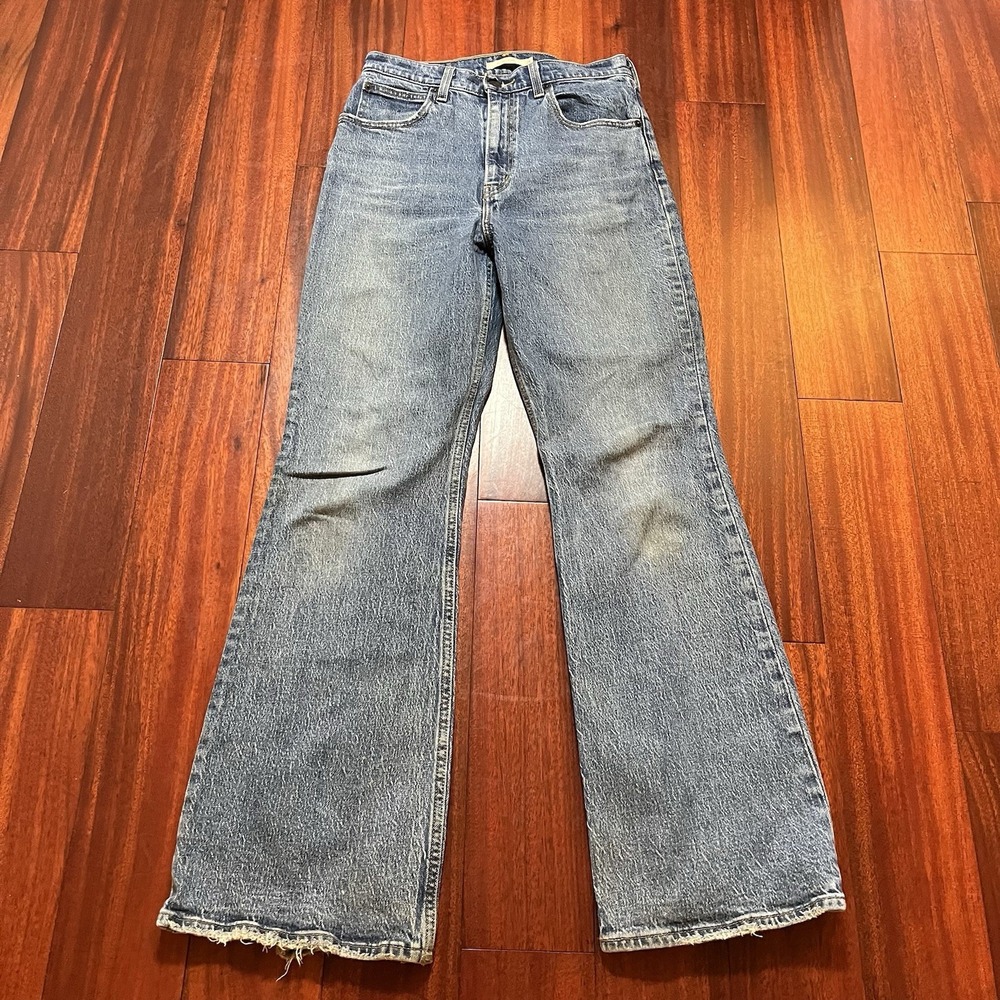 Levis Jeans Womens 28x32 PREMIUM 70S HIGH FLARE Blue Light Wash Fade Distressed